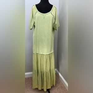Free People Sun Fade Midi Dress Green Tiered Short Sleeve L
